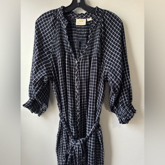 Anthropologie Sara Smocked Shirtdress Navy and White Grid Long Sleeve Dress - Picture 12 of 12
